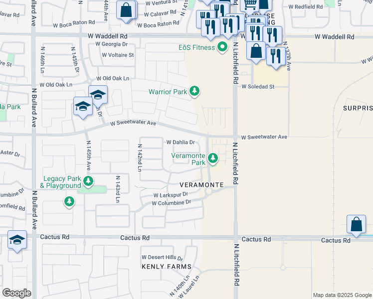 map of restaurants, bars, coffee shops, grocery stores, and more near 14097 West Dahlia Drive in Surprise