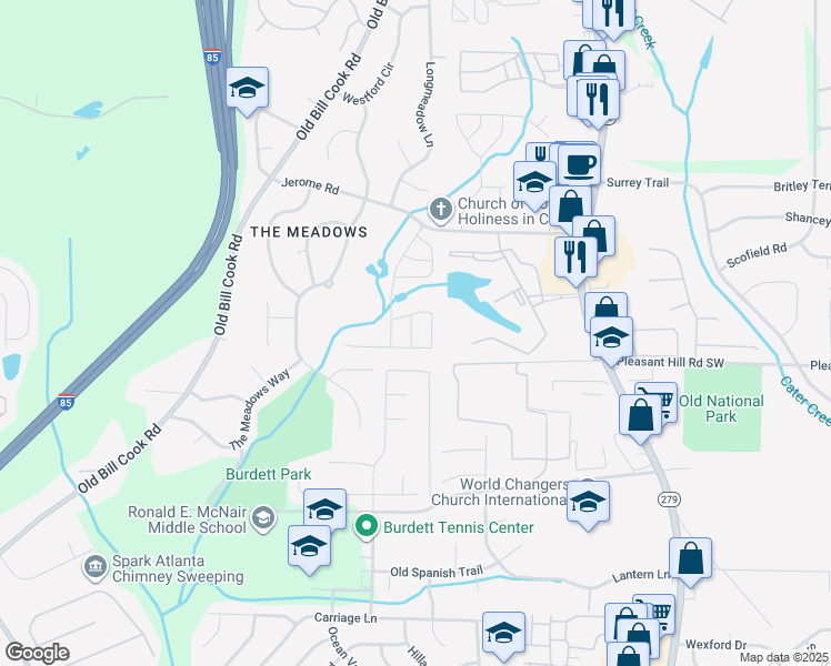 map of restaurants, bars, coffee shops, grocery stores, and more near 5626 One Lake Way in College Park