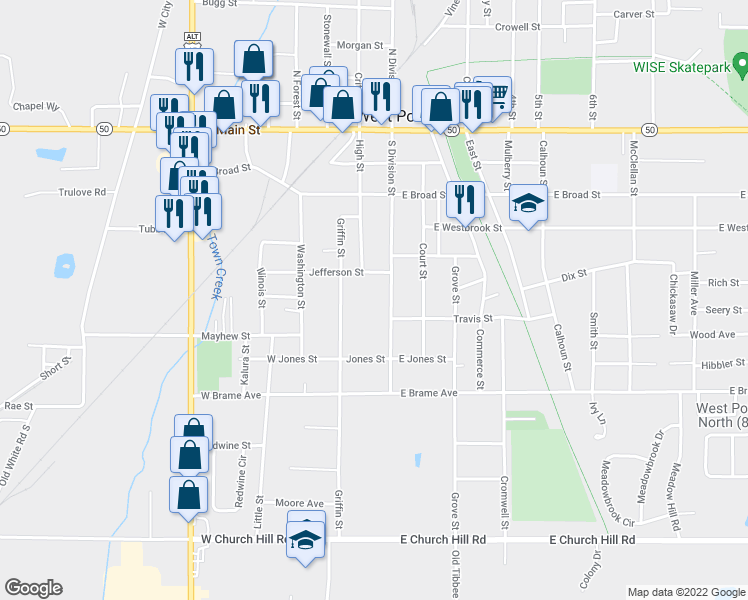 map of restaurants, bars, coffee shops, grocery stores, and more near 100-198 Jefferson Street in West Point