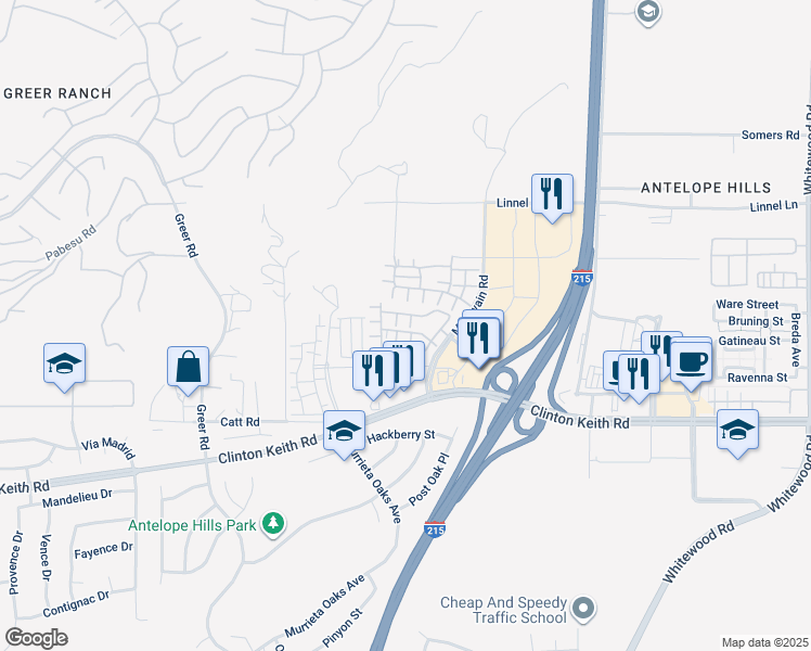 map of restaurants, bars, coffee shops, grocery stores, and more near 35809 Springvale Lane in Murrieta
