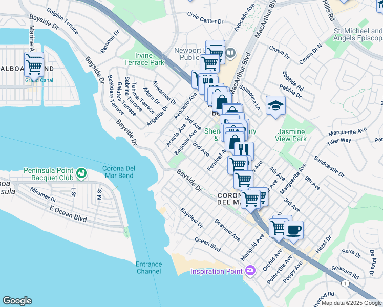 map of restaurants, bars, coffee shops, grocery stores, and more near Carnation Avenue in Newport Beach