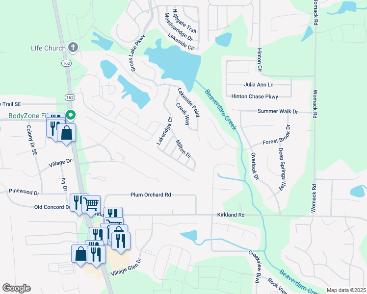map of restaurants, bars, coffee shops, grocery stores, and more near 375 Milton Drive in Covington