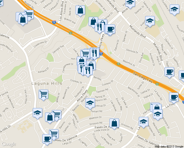 map of restaurants, bars, coffee shops, grocery stores, and more near 24801 Alicia Pkwy in Laguna Hills