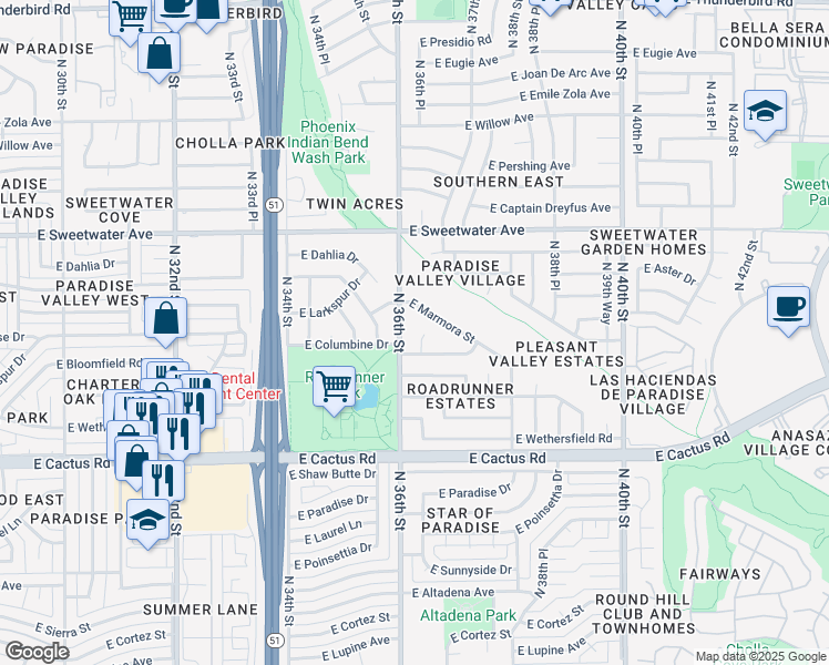 map of restaurants, bars, coffee shops, grocery stores, and more near 3623 East Marmora Street in Phoenix