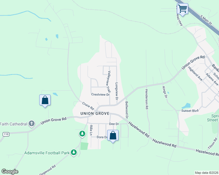 map of restaurants, bars, coffee shops, grocery stores, and more near 5605 Valleyview Trail in Adamsville