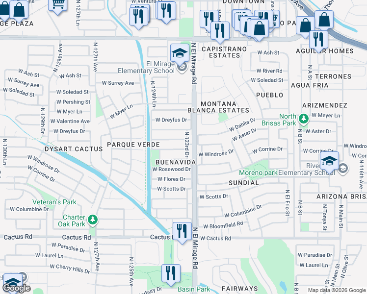 map of restaurants, bars, coffee shops, grocery stores, and more near 12313 West Aster Drive in El Mirage