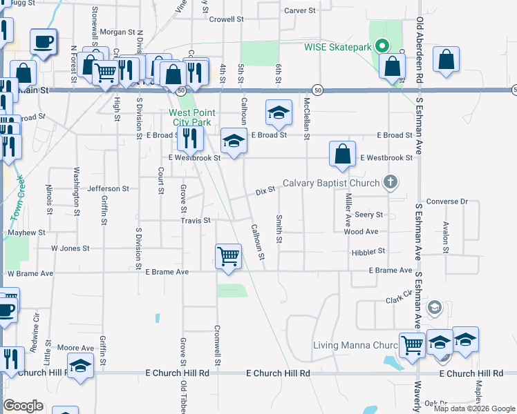 map of restaurants, bars, coffee shops, grocery stores, and more near 700-798 Dix Street in West Point