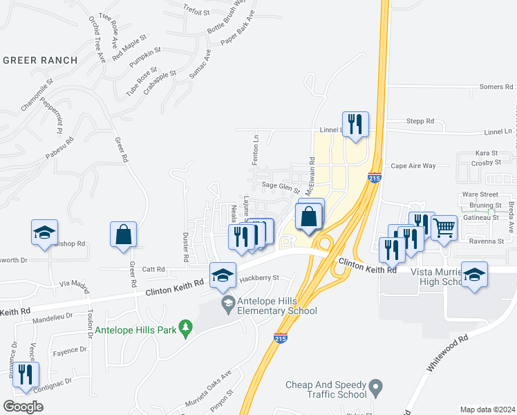 map of restaurants, bars, coffee shops, grocery stores, and more near 35804 Alpental Lane in Murrieta