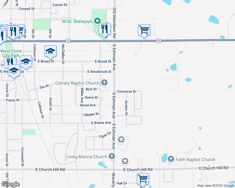 map of restaurants, bars, coffee shops, grocery stores, and more near 1200-1298 Converse Drive in West Point