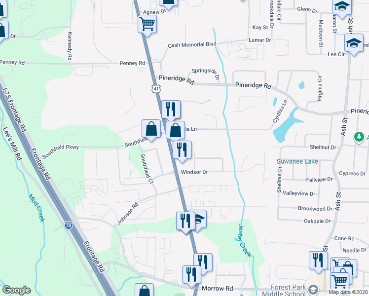 map of restaurants, bars, coffee shops, grocery stores, and more near 5664 Old Dixie Highway in Forest Park
