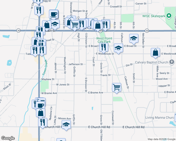 map of restaurants, bars, coffee shops, grocery stores, and more near 500-598 South Division Street in West Point