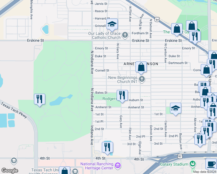 map of restaurants, bars, coffee shops, grocery stores, and more near 3304 Baylor Street in Lubbock
