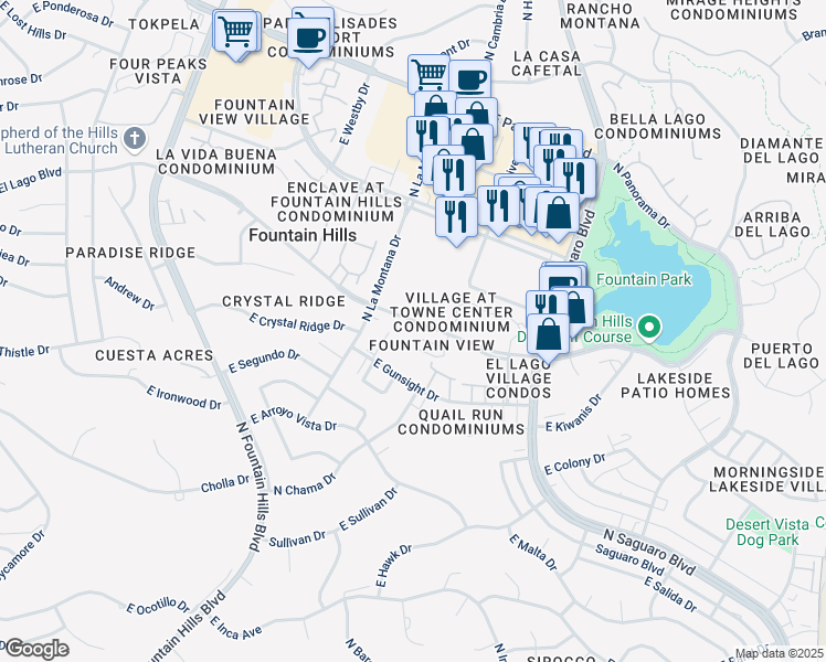 map of restaurants, bars, coffee shops, grocery stores, and more near 16631 East El Lago Boulevard in Fountain Hills