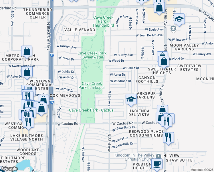 map of restaurants, bars, coffee shops, grocery stores, and more near 2307 West Windrose Drive in Phoenix