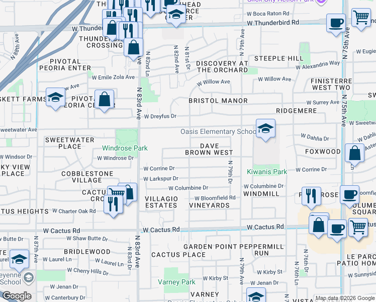map of restaurants, bars, coffee shops, grocery stores, and more near 8044 West Aster Drive in Peoria
