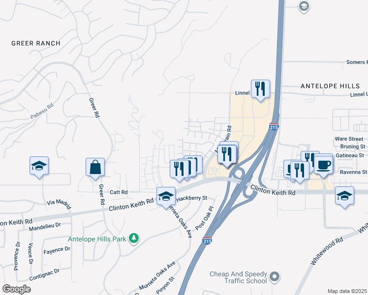 map of restaurants, bars, coffee shops, grocery stores, and more near 37437 Gentlebrook Court in Murrieta