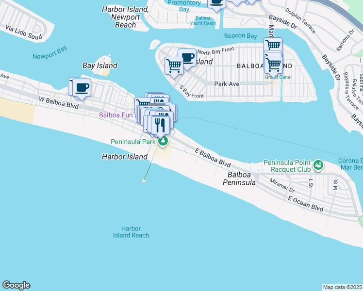 map of restaurants, bars, coffee shops, grocery stores, and more near 907 East Balboa Boulevard in Newport Beach