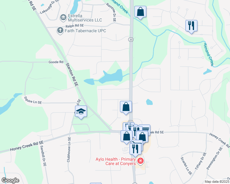 map of restaurants, bars, coffee shops, grocery stores, and more near 900 Waterside Drive Southeast in Conyers