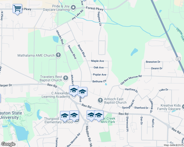 map of restaurants, bars, coffee shops, grocery stores, and more near Poplar Avenue in Clayton County