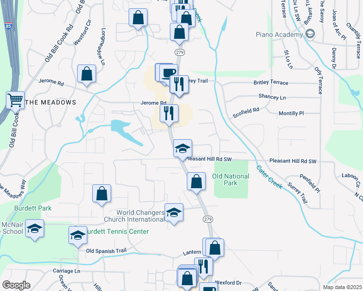 map of restaurants, bars, coffee shops, grocery stores, and more near 5670 Old National Highway in Atlanta
