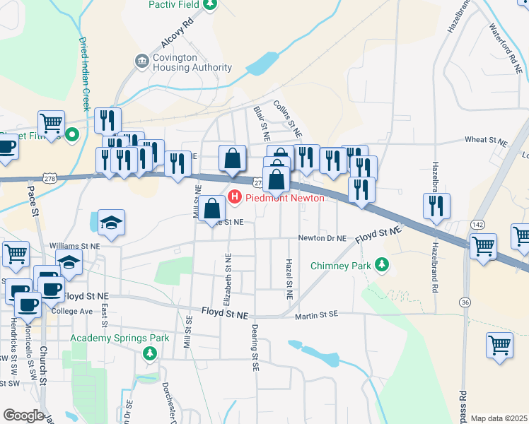 map of restaurants, bars, coffee shops, grocery stores, and more near Bede Drive Northeast in Covington