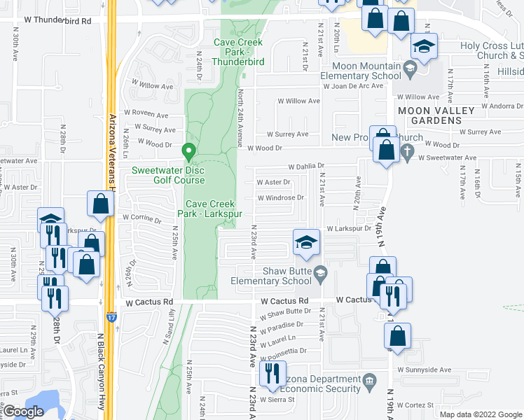 map of restaurants, bars, coffee shops, grocery stores, and more near 2246 West Corrine Drive in Phoenix
