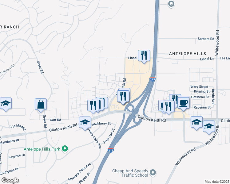 map of restaurants, bars, coffee shops, grocery stores, and more near 35724 Kittentails Lane in Murrieta