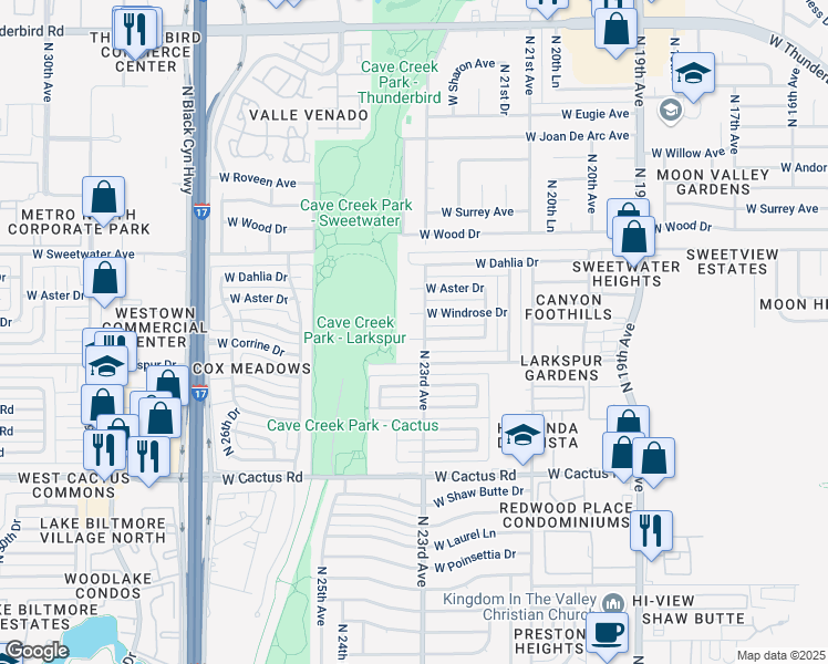 map of restaurants, bars, coffee shops, grocery stores, and more near 2307 West Windrose Drive in Phoenix
