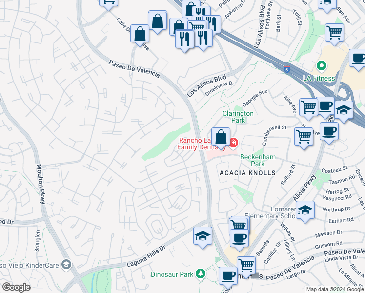 map of restaurants, bars, coffee shops, grocery stores, and more near 661 Avenida Sevilla in Laguna Woods