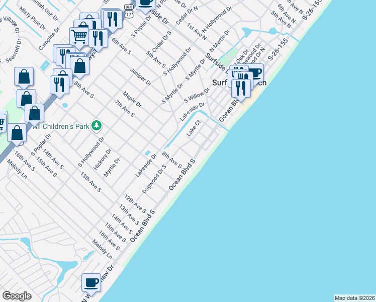 map of restaurants, bars, coffee shops, grocery stores, and more near 116 7th Avenue South in Surfside Beach