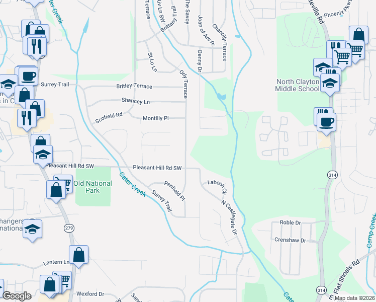 map of restaurants, bars, coffee shops, grocery stores, and more near 5685 Orly Terrace in College Park