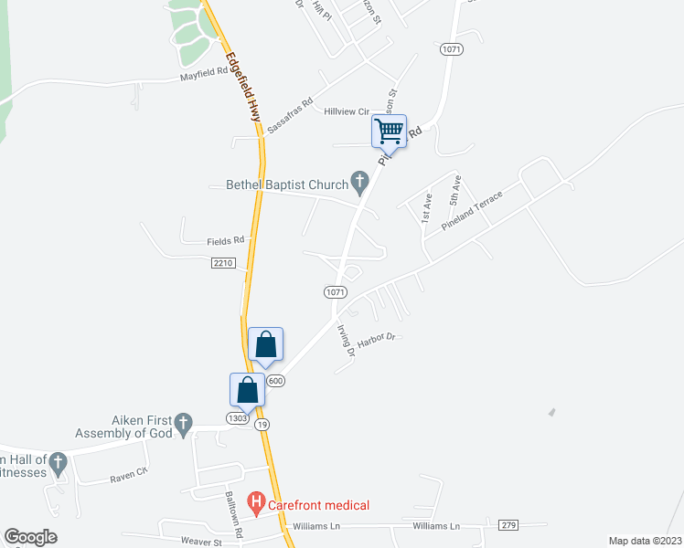 map of restaurants, bars, coffee shops, grocery stores, and more near 18 Dallas Circle in Aiken