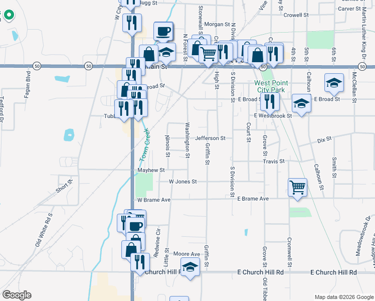 map of restaurants, bars, coffee shops, grocery stores, and more near 535 Washington Street in West Point