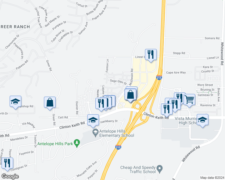 map of restaurants, bars, coffee shops, grocery stores, and more near 35794 Springvale Lane in Murrieta