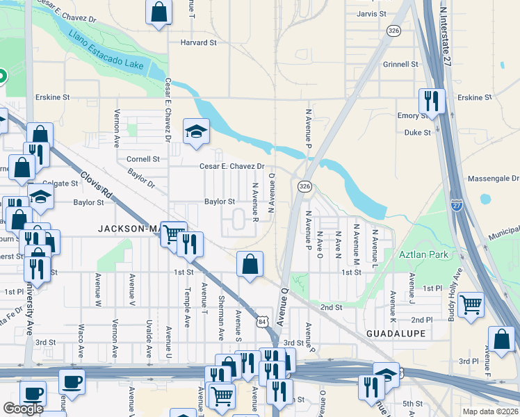 map of restaurants, bars, coffee shops, grocery stores, and more near 1700-1798 Baylor Street in Lubbock