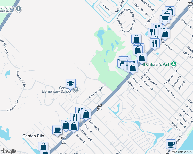 map of restaurants, bars, coffee shops, grocery stores, and more near 1004 Ray Costin Way in Murrells Inlet