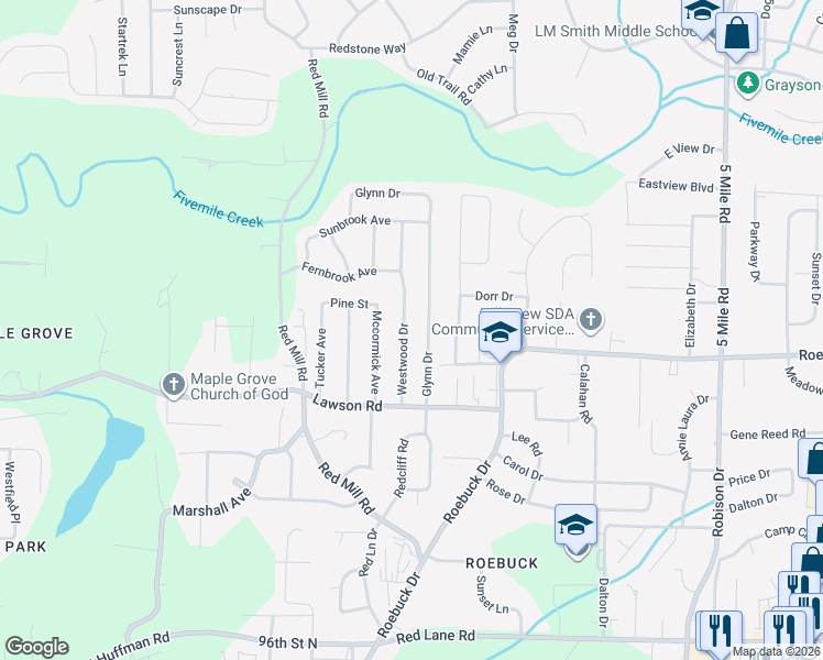 map of restaurants, bars, coffee shops, grocery stores, and more near 241 Westwood Drive in Birmingham