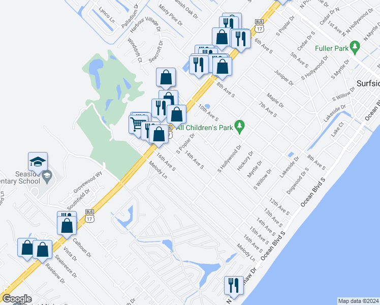 map of restaurants, bars, coffee shops, grocery stores, and more near 616 14th Avenue South in Surfside Beach