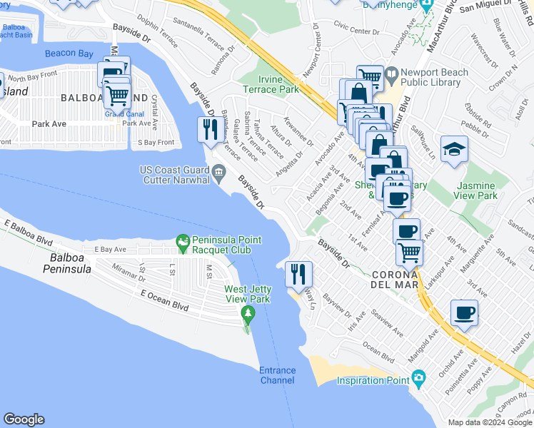 map of restaurants, bars, coffee shops, grocery stores, and more near 2100 Bayside Drive in Newport Beach