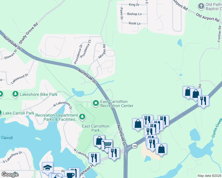 map of restaurants, bars, coffee shops, grocery stores, and more near 301 Northside Drive in Carrollton