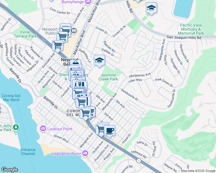 map of restaurants, bars, coffee shops, grocery stores, and more near 809 Hibiscus Court in Newport Beach