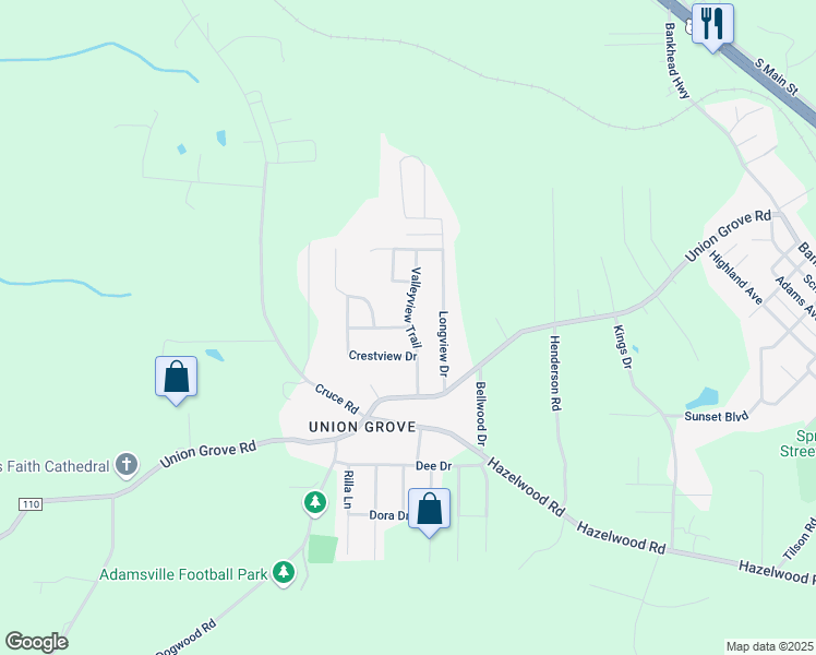 map of restaurants, bars, coffee shops, grocery stores, and more near 5560 Valleyview Trail in Adamsville