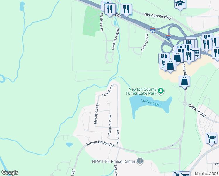 map of restaurants, bars, coffee shops, grocery stores, and more near 9436 Tara Drive Southwest in Covington