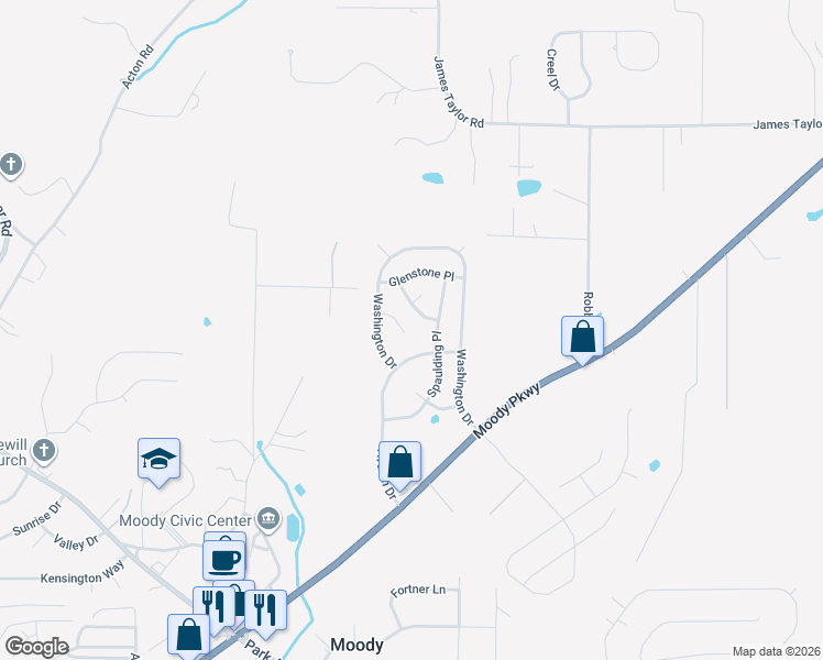 map of restaurants, bars, coffee shops, grocery stores, and more near 1013 Washington Court in Moody
