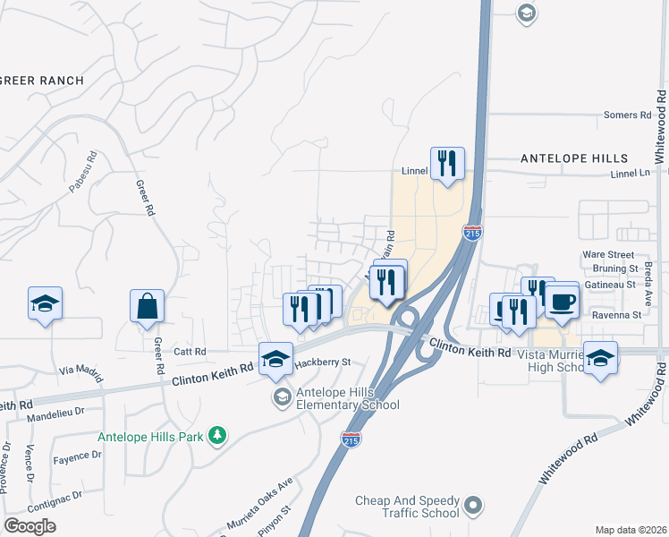 map of restaurants, bars, coffee shops, grocery stores, and more near 35794 Springvale Lane in Murrieta