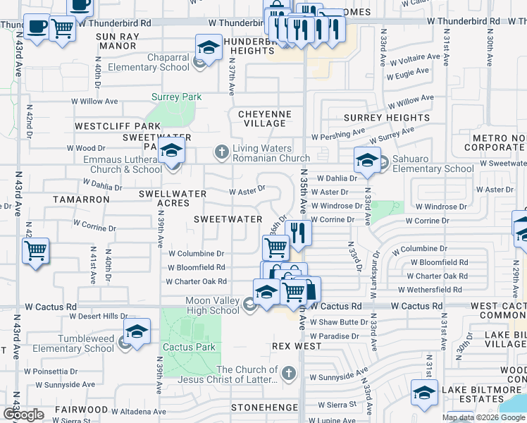 map of restaurants, bars, coffee shops, grocery stores, and more near 12637 North Columbine Drive in Phoenix