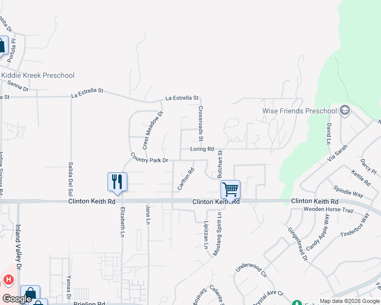 map of restaurants, bars, coffee shops, grocery stores, and more near 25079 Loring Road in Wildomar