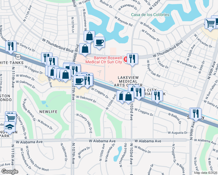 map of restaurants, bars, coffee shops, grocery stores, and more near Northwest Grand Avenue in Sun City