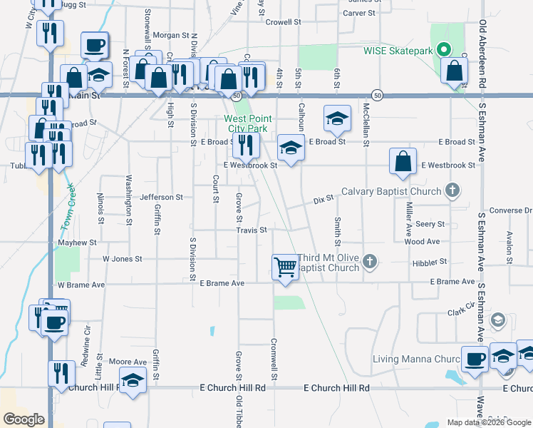 map of restaurants, bars, coffee shops, grocery stores, and more near 236 Commerce Street in West Point