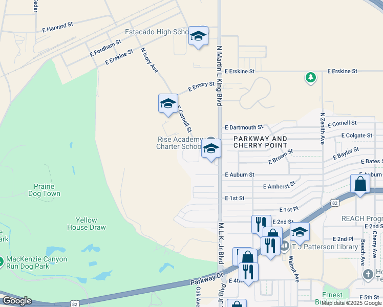 map of restaurants, bars, coffee shops, grocery stores, and more near 1510 E Cornell St in Lubbock